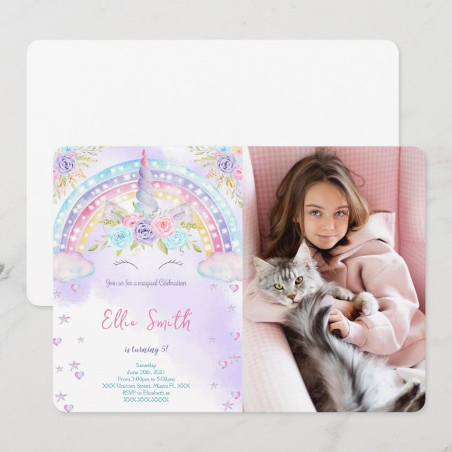 Unicorn Kids Photo Invitation  (Front/Back)