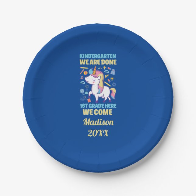 Unicorn Kindergarten Graduation 1st Grade  Paper Plate (Front)