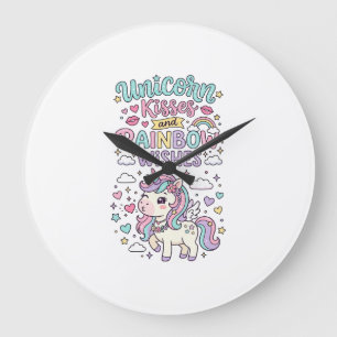 Unicorn Kisses and Rainbow Wishes Cute Pastel Grap Large Clock
