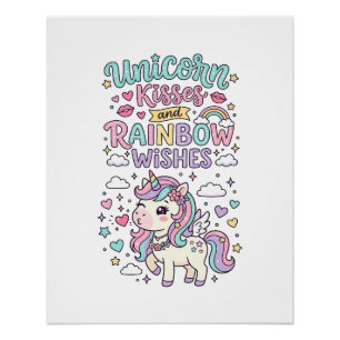 Unicorn Kisses and Rainbow Wishes Cute Pastel Grap Poster