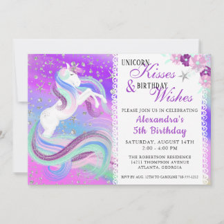 Unicorn Kisses Birthday Wishes Silver Stars Purple