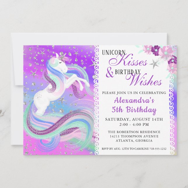 Unicorn Kisses Birthday Wishes Silver Stars Purple (Front)