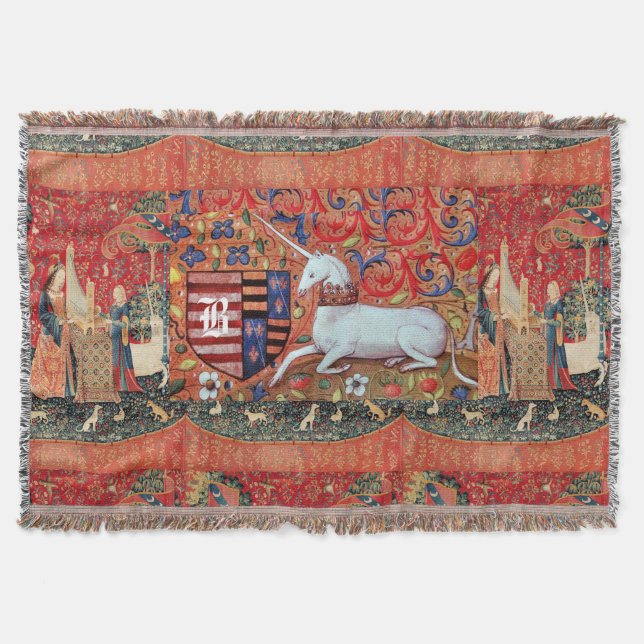 UNICORN ,LADY PLAYING ORGAN WITH ANIMALS MONOGRAM THROW BLANKET (Front)