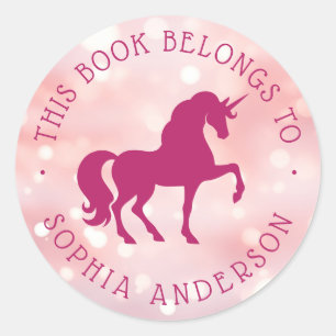 Unicorn light pink bokeh library book label