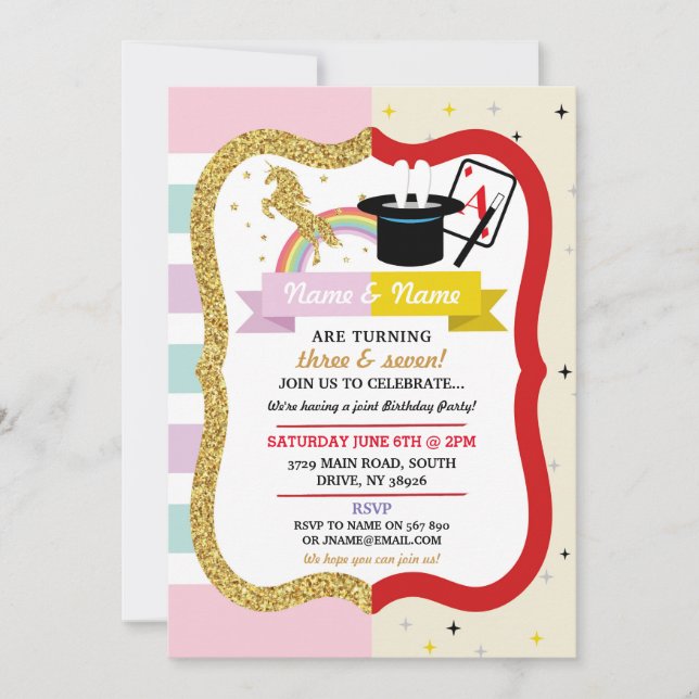 Unicorn & Magic Joint Boy Girl Birthday Invites (Front)