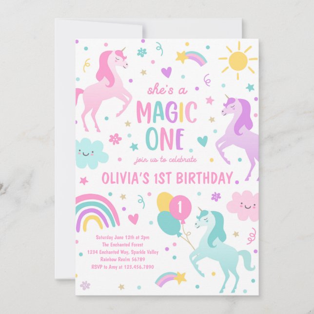 Unicorn Magic One Pastel Rainbow 1st Birthday Invitation (Front)