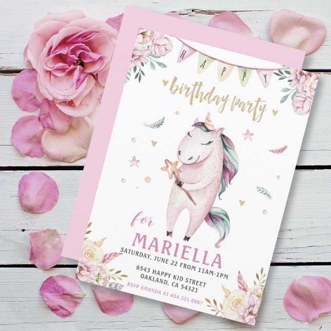 Unicorn Magic Pink Floral Birthday Party Invitation (SWEET PINK UNICORN GIRLS BIRTHDAY PARTY INVITATION)