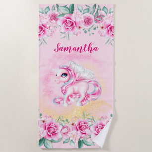 Unicorn magic pink roses DIY girls name floral Beach Towel