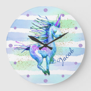 Unicorn Magic Watercolor Stripes Blue Large Clock