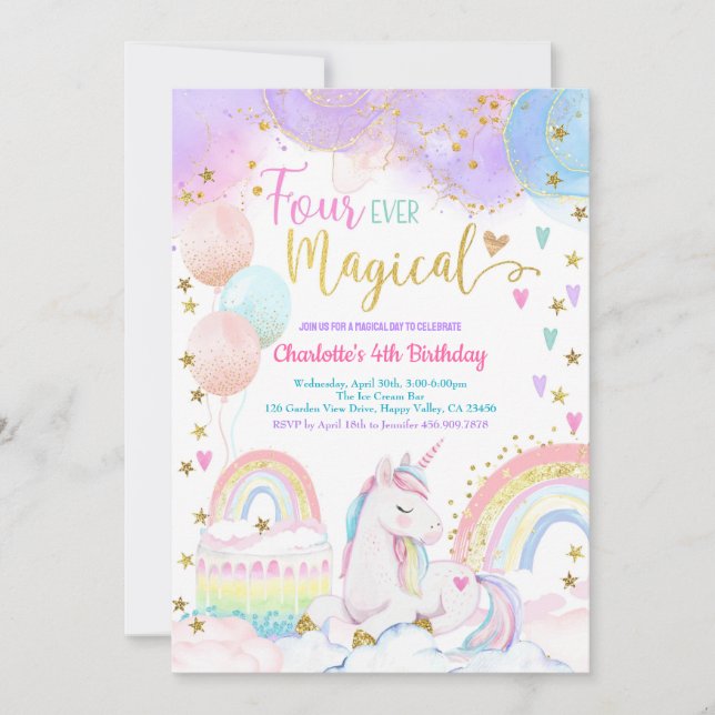 Unicorn Magical 4th Birthday Party Pastel Rainbow Invitation (Front)