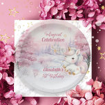 Unicorn Magical Celebration 1st Birthday Party Paper Plate<br><div class="desc">We know you can't wait to celebrate your little one's birthday and this winter season-themed "Magical Celebration" design celebrates your little one in glorious pink! A cute little unicorn is all decked out in her pink and gold-toned finest against a snowy, starry pink and pale lavender background. The beautiful pink...</div>