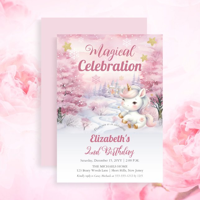 Unicorn Magical Celebration 2nd Birthday Party Invitation (Unicorn Pink Magical Celebration Mythical Creature Girl's 2nd Birthday Party Invitation)