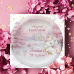 Unicorn Magical Celebration 4th Birthday Party Paper Plate<br><div class="desc">We know you can't wait to celebrate your little one's birthday and this winter season-themed "Magical Celebration" design celebrates your little one in glorious pink! A cute little unicorn is all decked out in her pink and gold-toned finest against a snowy, starry pink and pale lavender background. The beautiful pink...</div>
