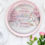 Unicorn Magical Celebration 5th Birthday Party Paper Plate<br><div class="desc">We know you can't wait to celebrate your little one's birthday and this winter season-themed "Magical Celebration" design celebrates your little one in glorious pink! A cute little unicorn is all decked out in her pink and gold-toned finest against a snowy, starry pink and pale lavender background. The beautiful pink...</div>
