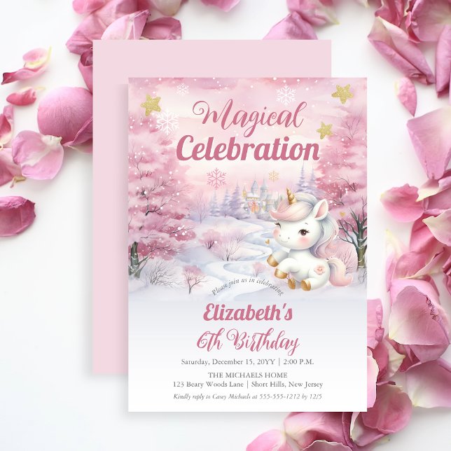 Unicorn Magical Celebration 6th Birthday Party Invitation (Unicorn Pink Magical Celebration Mythical Creature Girl's 6th Birthday Party Invitation)