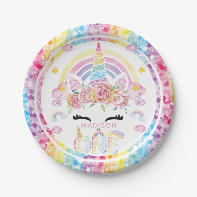 Unicorn Magical First Birthday Colourful Paper Plate (Front)