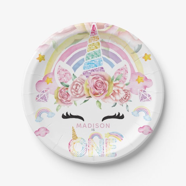 Unicorn Magical First Birthday Floral Paper Plate (Front)