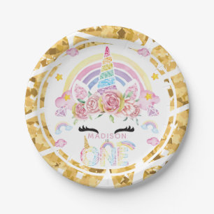 Unicorn Magical First Birthday Gold Paper Plate