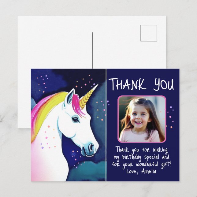 Unicorn Magical Girl Photo Birthday Thank you Postcard (Front/Back)