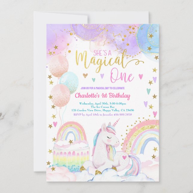 Unicorn Magical One Girl 1st Birthday Party Pastel Invitation (Front)