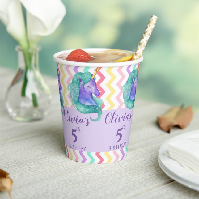 Unicorn Magical Pastel Chevron Kids Birthday Party Paper Cups (Insitu)