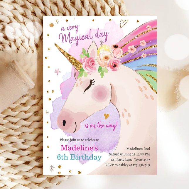 Unicorn Magical Pink Gold Rainbow Girl Birthday Invitation (Creator Uploaded)