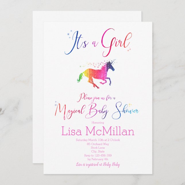 Unicorn Magical Rainbow Baby Shower Invitation (Front/Back)