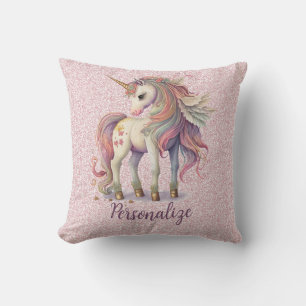 Unicorn Magical Rainbow Colours Pink Glitter Cushion