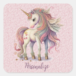 Unicorn Magical Rainbow Colours Pink Glitter Square Sticker