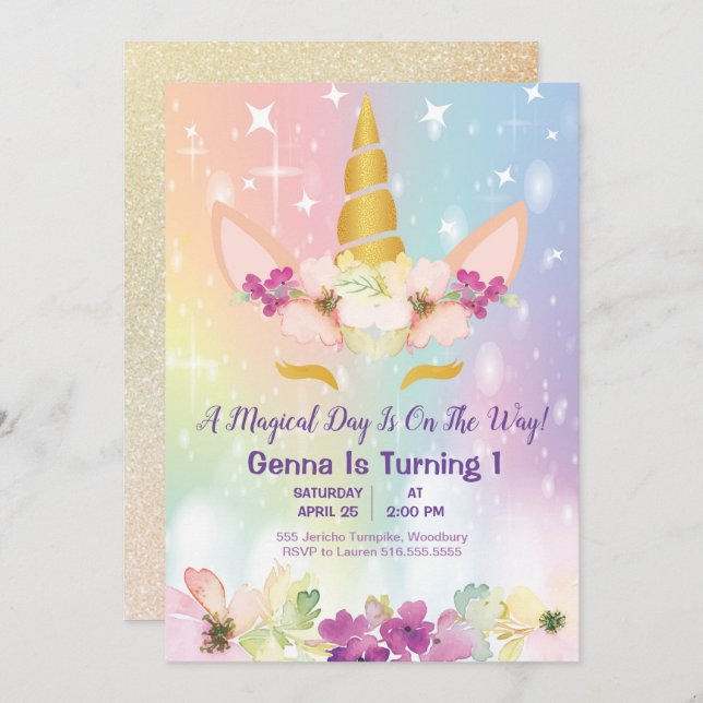 Unicorn Magical Rainbow Faux Gold 1st Birthday Invitation (Front/Back)