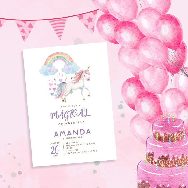 Unicorn Magical Rainbow Watercolor Birthday Invitation (Creator Uploaded)