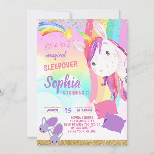 Unicorn Magical Sleepover Party Girl Birthday Invitation (Front)