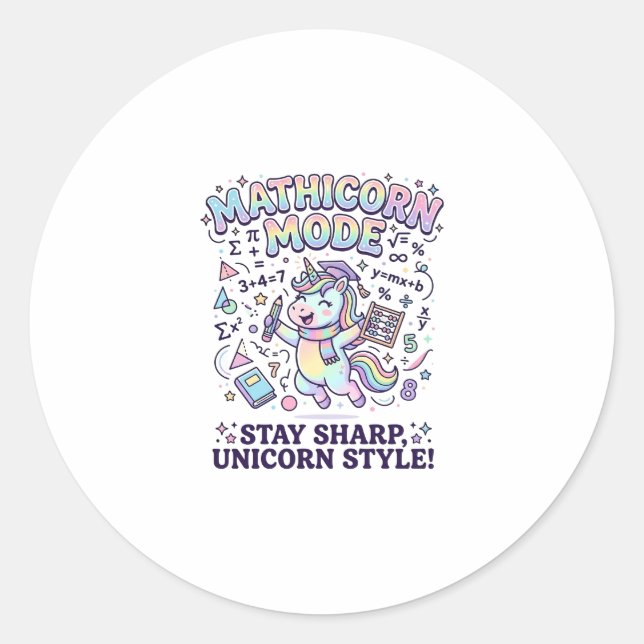 Unicorn Mathicorn Mode Charming White Background D Classic Round Sticker (Front)