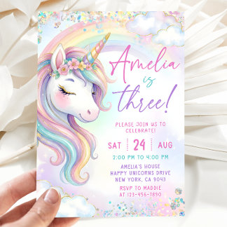 Unicorn Meadow Flower Four Ever Magical Birthday I Invitation