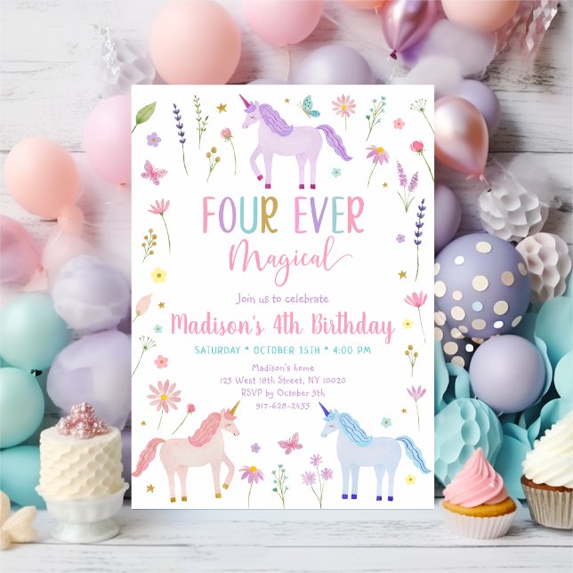 Unicorn Meadow Flower Four Ever Magical Birthday Invitation (Creator Uploaded)