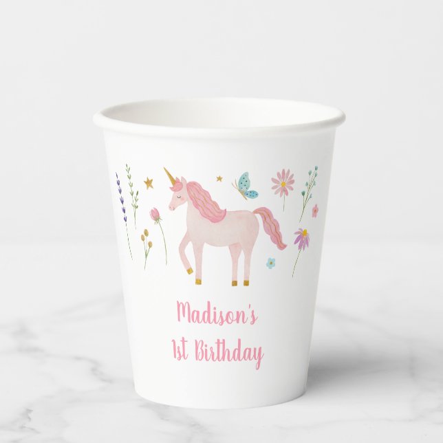 Unicorn Meadow Pastel Pink Gold Birthday Paper Cups (Front)