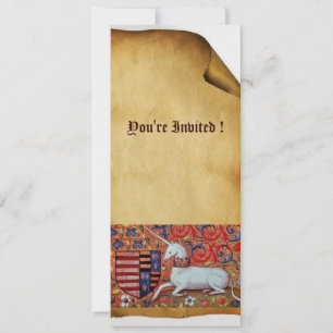 UNICORN MEDIEVAL FANTASY FLORAL PARCHMENT Pearl Invitation