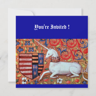 UNICORN MEDIEVAL FANTASY FLOWERS,RED BLUE FLORAL INVITATION