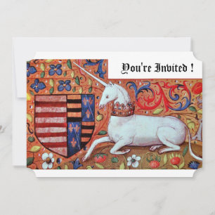 UNICORN MEDIEVAL FANTASY FLOWERS,RED WHITE FLORAL INVITATION