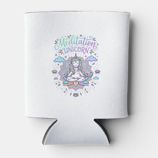 Unicorn Meditation Unicorn White Background Vector Can Cooler (Front)