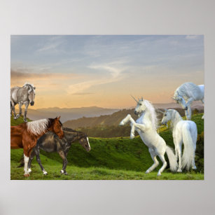 Unicorn Meeting Horses Fantasy Landscape Poster