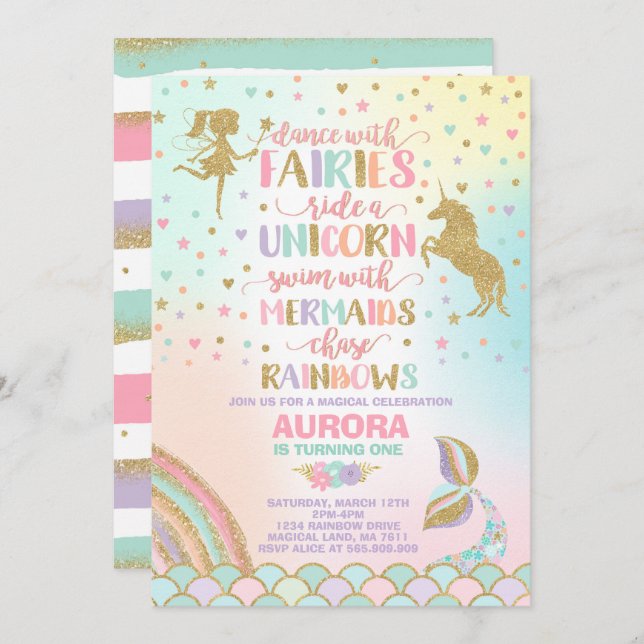 Unicorn Mermaid And Fairy Birthday Invitation (Front/Back)