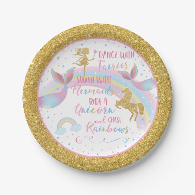 Unicorn Mermaid Fairy Birthday Party Paper Plates (Front)
