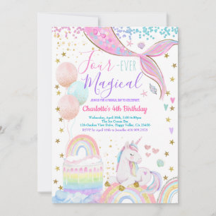 Unicorn Mermaid Magical 4th Birthday Party  Invitation
