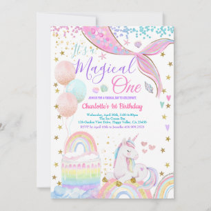 Unicorn Mermaid Magical One Girl 1st Birthday  Invitation