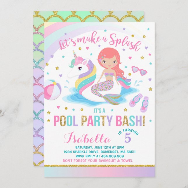 Unicorn & Mermaid Pool Party Birthday Invitation (Front/Back)