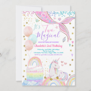 Unicorn Mermaid Two Magical Girl 2nd Birthday  Invitation