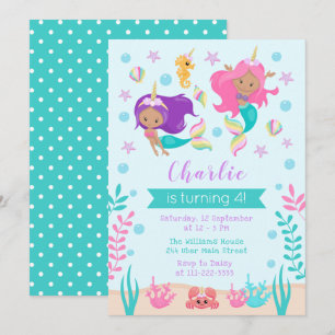 Unicorn Mermaids Birthday Medium Skin Tone Invitation