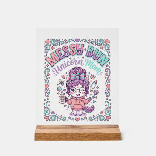 Unicorn Messy Bun Unicorn Mum Retro Style Graphic Acrylic Sign
