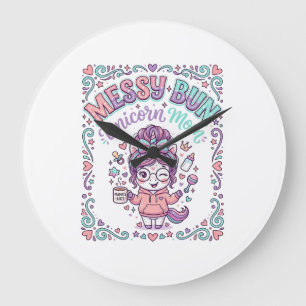 Unicorn Messy Bun Unicorn Mum Retro Style Graphic Large Clock